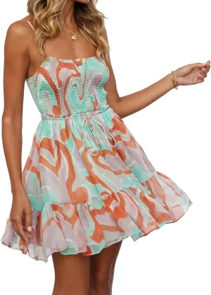 Women Sleeveless Summer Floral Spaghetti Strap Mini Dress Backless Boho Swing Ruffle Beach Short Dresses