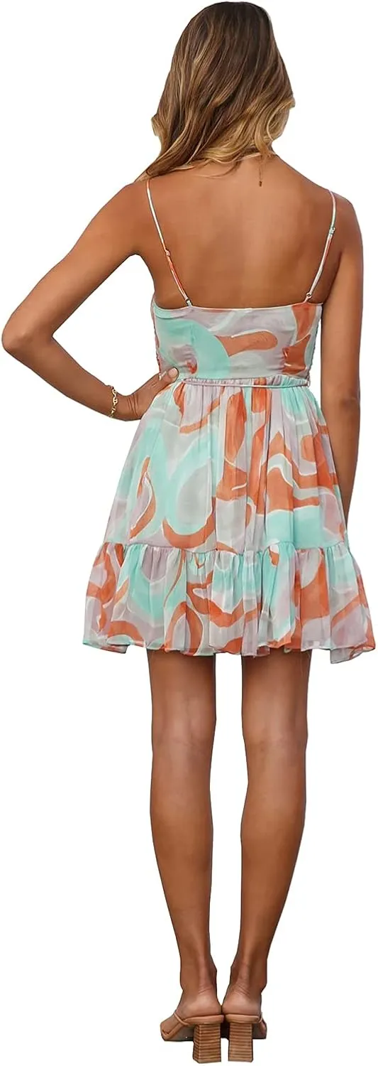 Women Sleeveless Summer Floral Spaghetti Strap Mini Dress Backless Boho Swing Ruffle Beach Short Dresses