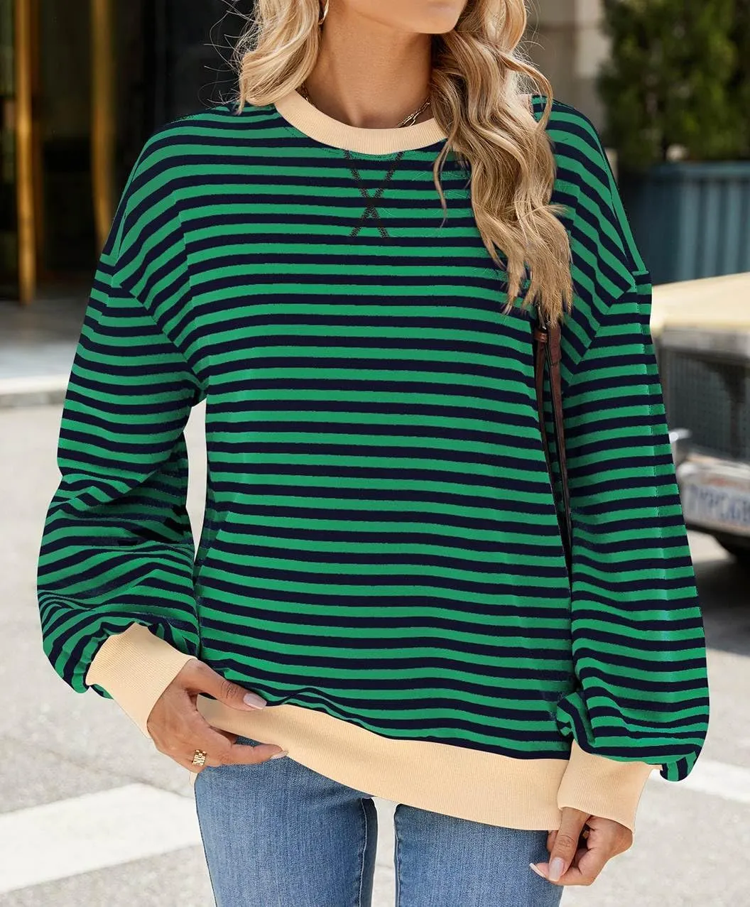 Women Striped Oversized Sweatshirt Crewneck Hoodies Long Sleeve Shirts 2024 Fall Pullover Tops Trendy Fashion Clothes