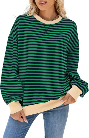 Women Striped Oversized Sweatshirt Crewneck Hoodies Long Sleeve Shirts 2024 Fall Pullover Tops Trendy Fashion Clothes