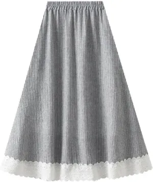 Women Striped Patchwork Lace Midi Long Skirt Loose Elastic High Waist A-Line Skirts