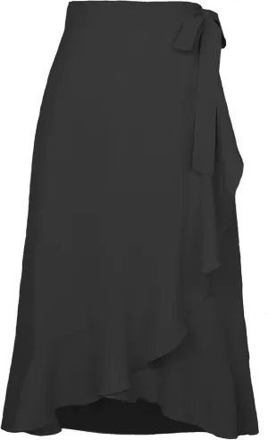 Women Summer High Waist Wrap Ruffled Side Slit Adjustable Waistband Midi Skirt