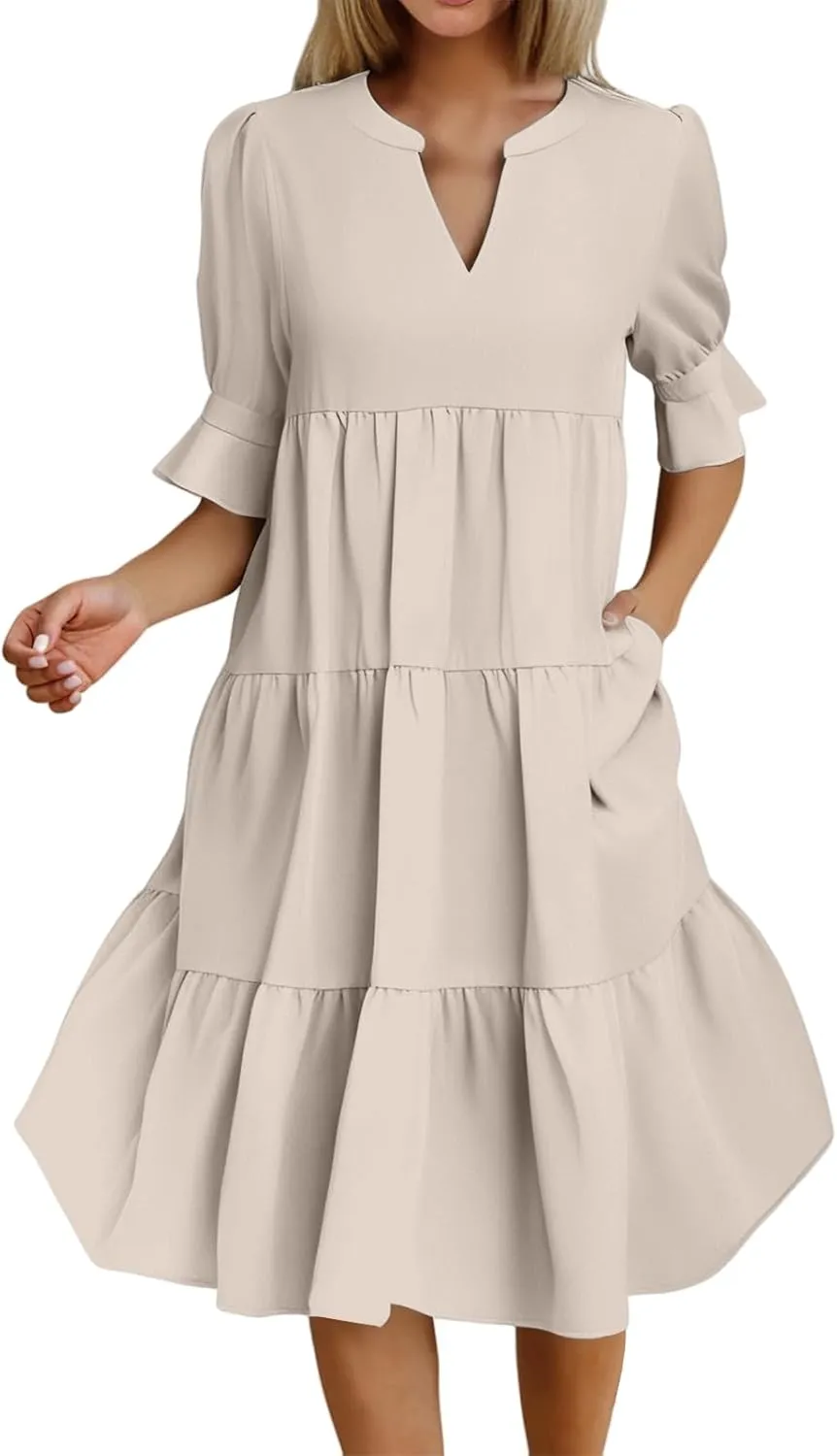 Women's 2025 Summer Midi Dress Casual V Neck Short Puff Sleeve Flowy Beach Vacation Trendy Sundresses