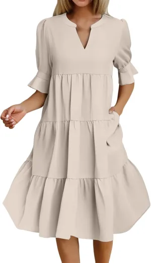Women's 2025 Summer Midi Dress Casual V Neck Short Puff Sleeve Flowy Beach Vacation Trendy Sundresses