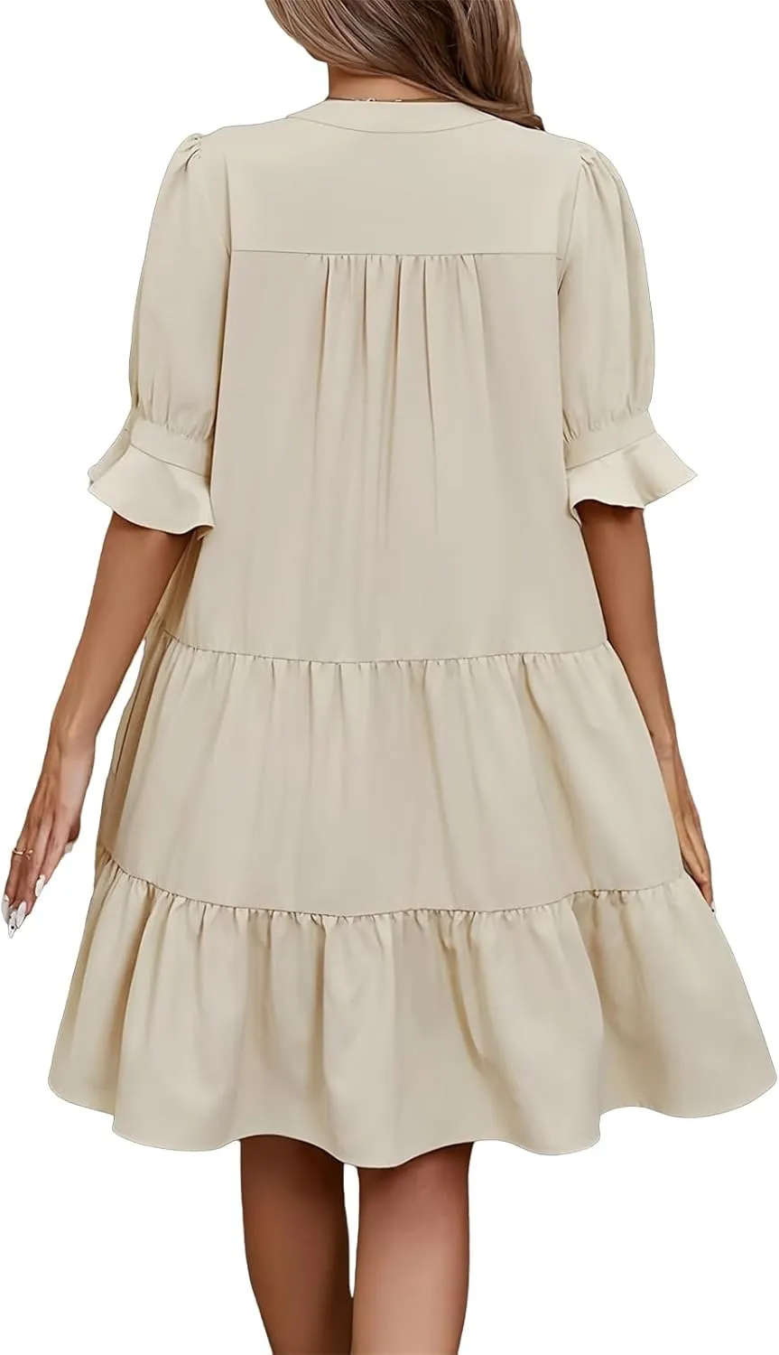 Women's 2025 Summer Midi Dress Casual V Neck Short Puff Sleeve Flowy Beach Vacation Trendy Sundresses