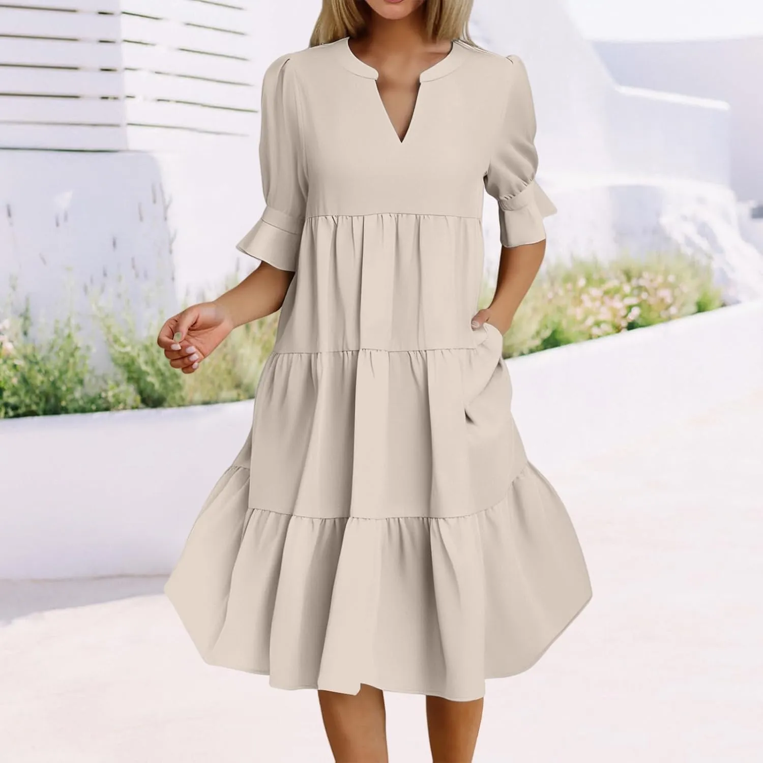 Women's 2025 Summer Midi Dress Casual V Neck Short Puff Sleeve Flowy Beach Vacation Trendy Sundresses