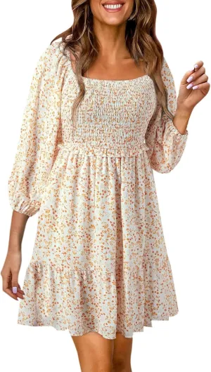 Womens Boho Floral Dresses Smocked Square Neck Puff Sleeve Dress Casual A-Line Swing Mini Vacation Dress