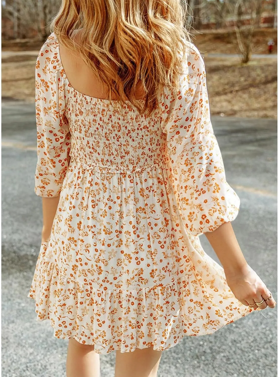 Womens Boho Floral Dresses Smocked Square Neck Puff Sleeve Dress Casual A-Line Swing Mini Vacation Dress