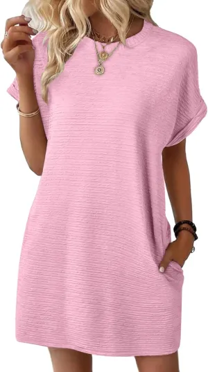 Women's Casual Dresses Loose Short Sleeve Crewneck Sundress Fashion Solid Color Vacation Beach Dress with Pocket