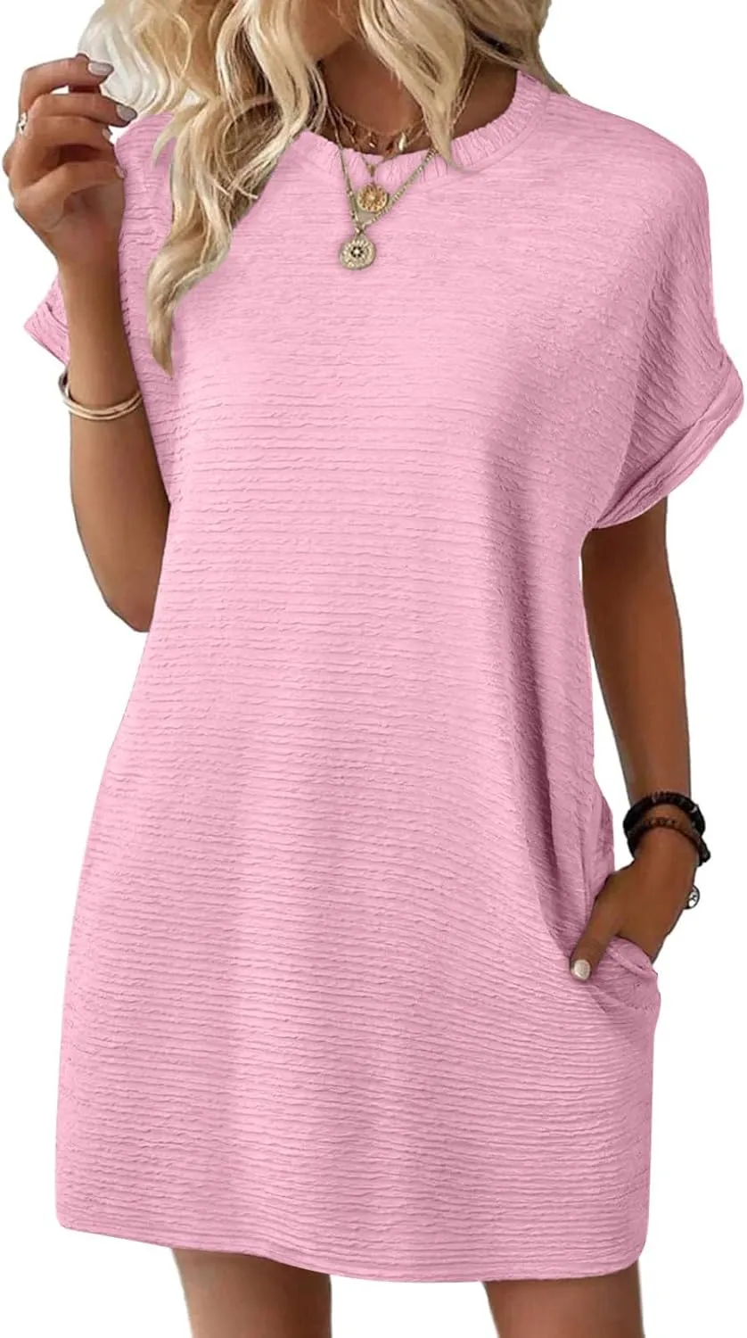 Women's Casual Dresses Loose Short Sleeve Crewneck Sundress Fashion Solid Color Vacation Beach Dress with Pocket
