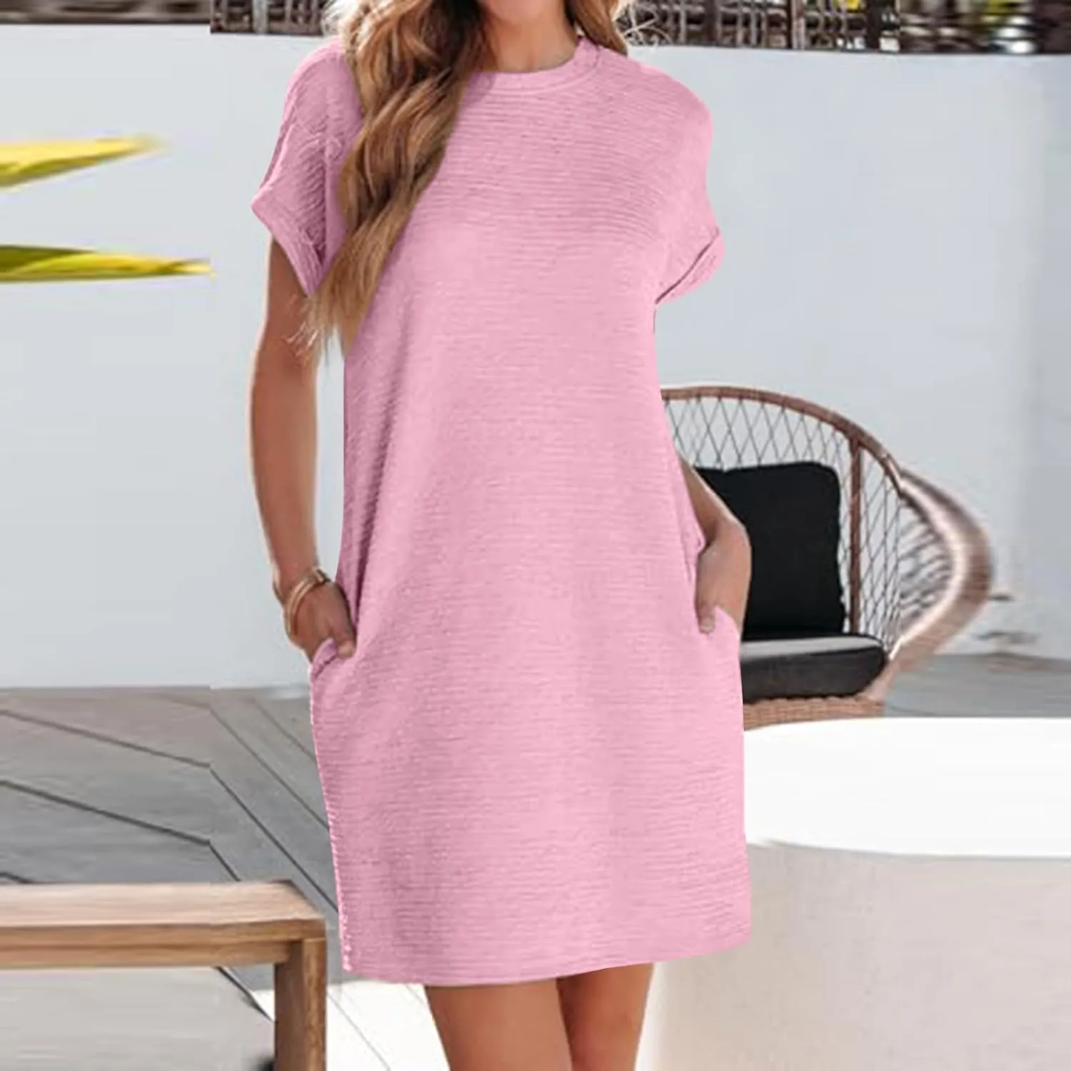 Women's Casual Dresses Loose Short Sleeve Crewneck Sundress Fashion Solid Color Vacation Beach Dress with Pocket