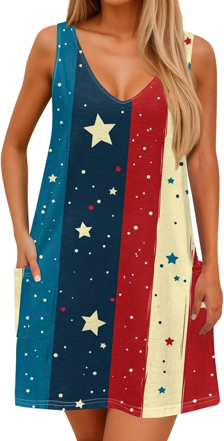 Women's Casual Summer Dresses 4Th of July Sleeveless V-Neck Patriotic Tank Sundress with Pockets Dress, S-2XL