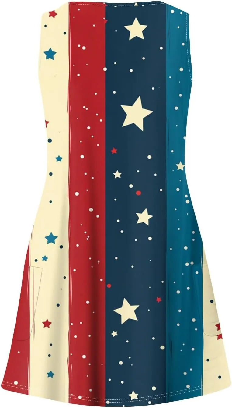 Women's Casual Summer Dresses 4Th of July Sleeveless V-Neck Patriotic Tank Sundress with Pockets Dress, S-2XL