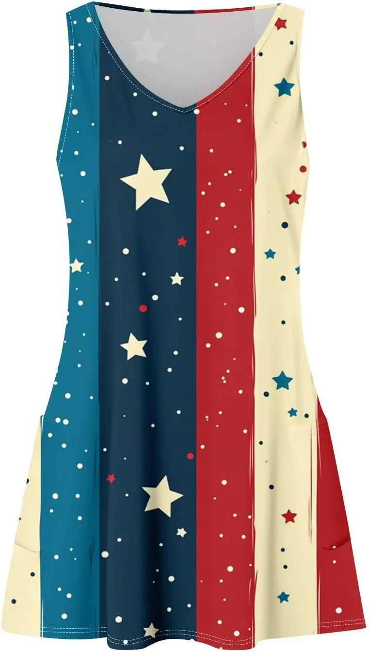 Women's Casual Summer Dresses 4Th of July Sleeveless V-Neck Patriotic Tank Sundress with Pockets Dress, S-2XL