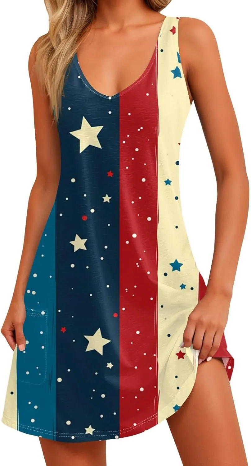 Women's Casual Summer Dresses 4Th of July Sleeveless V-Neck Patriotic Tank Sundress with Pockets Dress, S-2XL