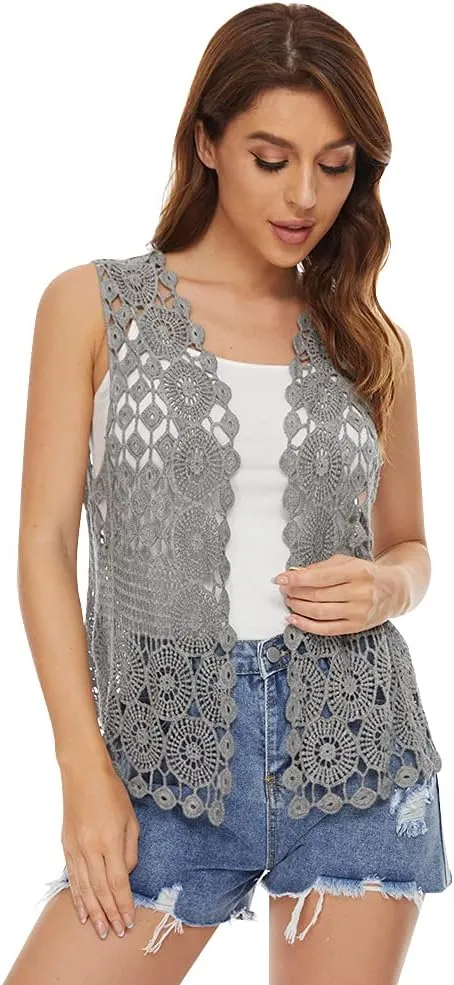 Womens Floral Crochet Lace Boho Trim Sleeveless Open Front Vest Cardigan
