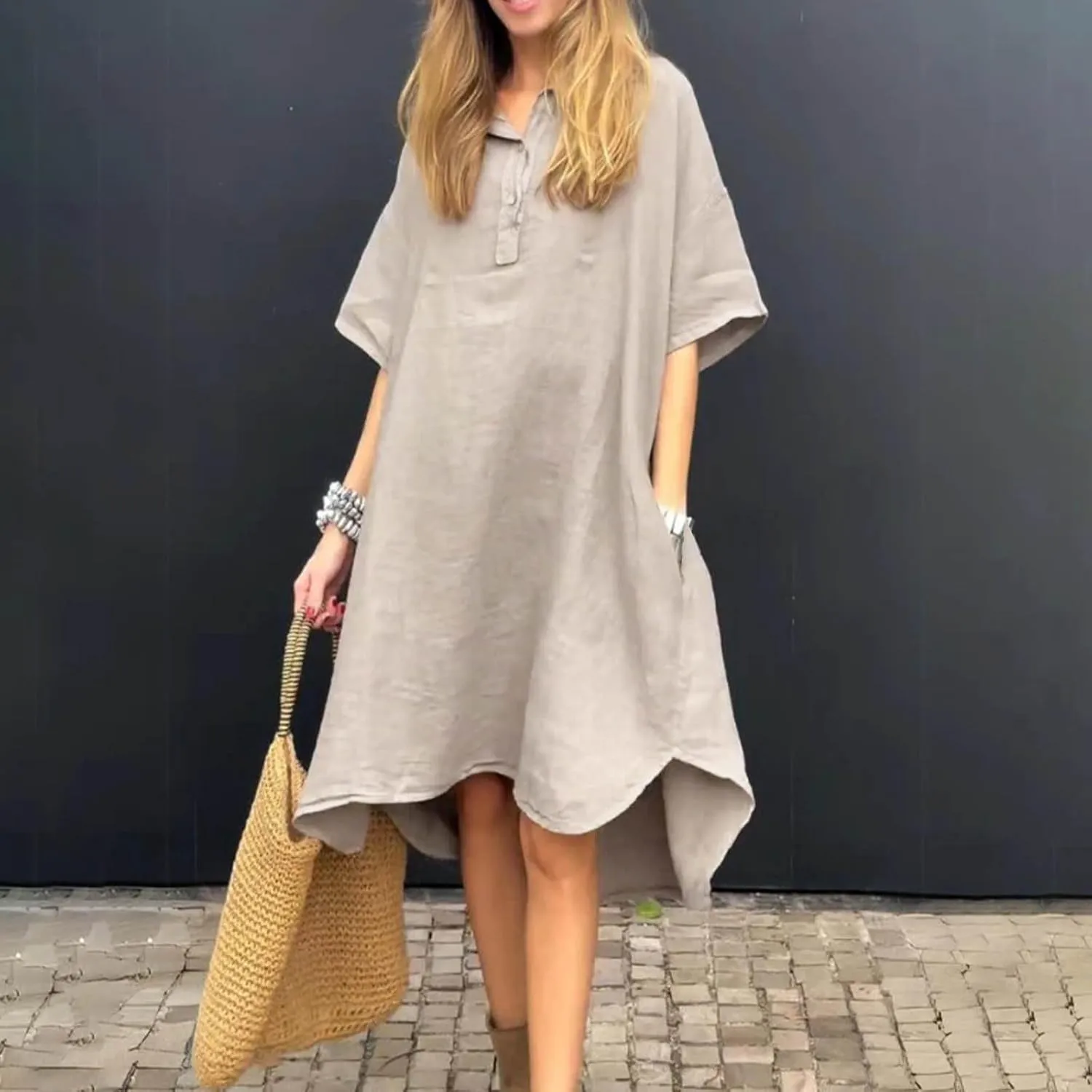Women's Oversized Dresses Plus Size Boho Dress Casual Fashion Soft V Neck Button Dress Solid Short Sleeve Dress