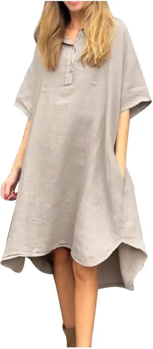 Women's Oversized Dresses Plus Size Boho Dress Casual Fashion Soft V Neck Button Dress Solid Short Sleeve Dress