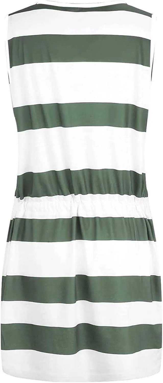 Womens Short Sleeve Striped T Shirt Dress Tie Waist Mini Dress Casual V Neck Summer Dresses Beach Outfits with Pockets