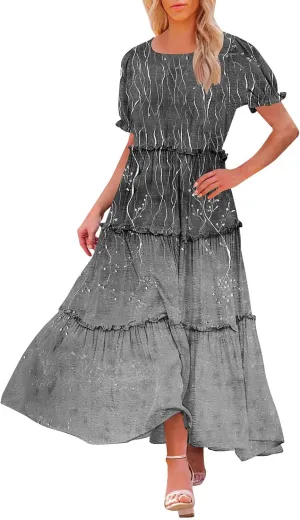 Women's Summer Bohemian Floral Dress Casual Puff Short Sleeve Maxi Dress Flowy Loose Boho Beach Swing Tiered Dresses