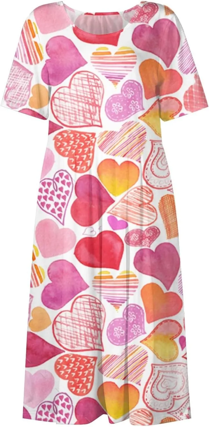 Women's Summer Casual Loose Trendy Dress Round Neck Short Sleeve Heart Print Maxi Dresses