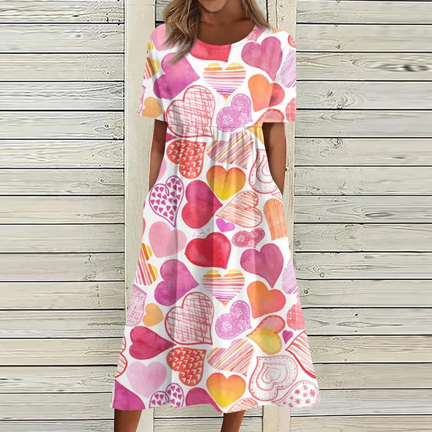 Women's Summer Casual Loose Trendy Dress Round Neck Short Sleeve Heart Print Maxi Dresses