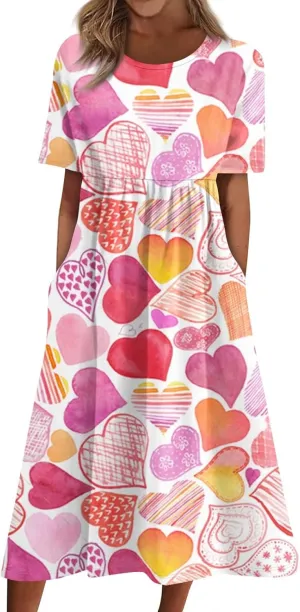 Women's Summer Casual Loose Trendy Dress Round Neck Short Sleeve Heart Print Maxi Dresses