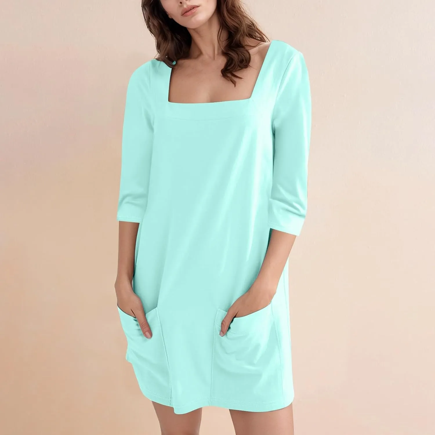 Women's Summer Casual Loose Trendy Dress Square Neck 3/4 Sleeve Solid Color Patchwork Midi Dresses, S-3XL