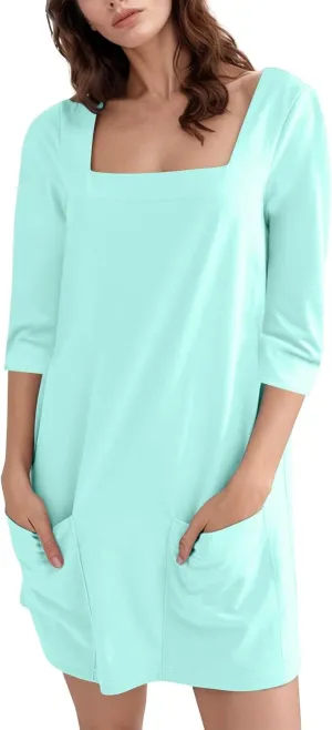 Women's Summer Casual Loose Trendy Dress Square Neck 3/4 Sleeve Solid Color Patchwork Midi Dresses, S-3XL