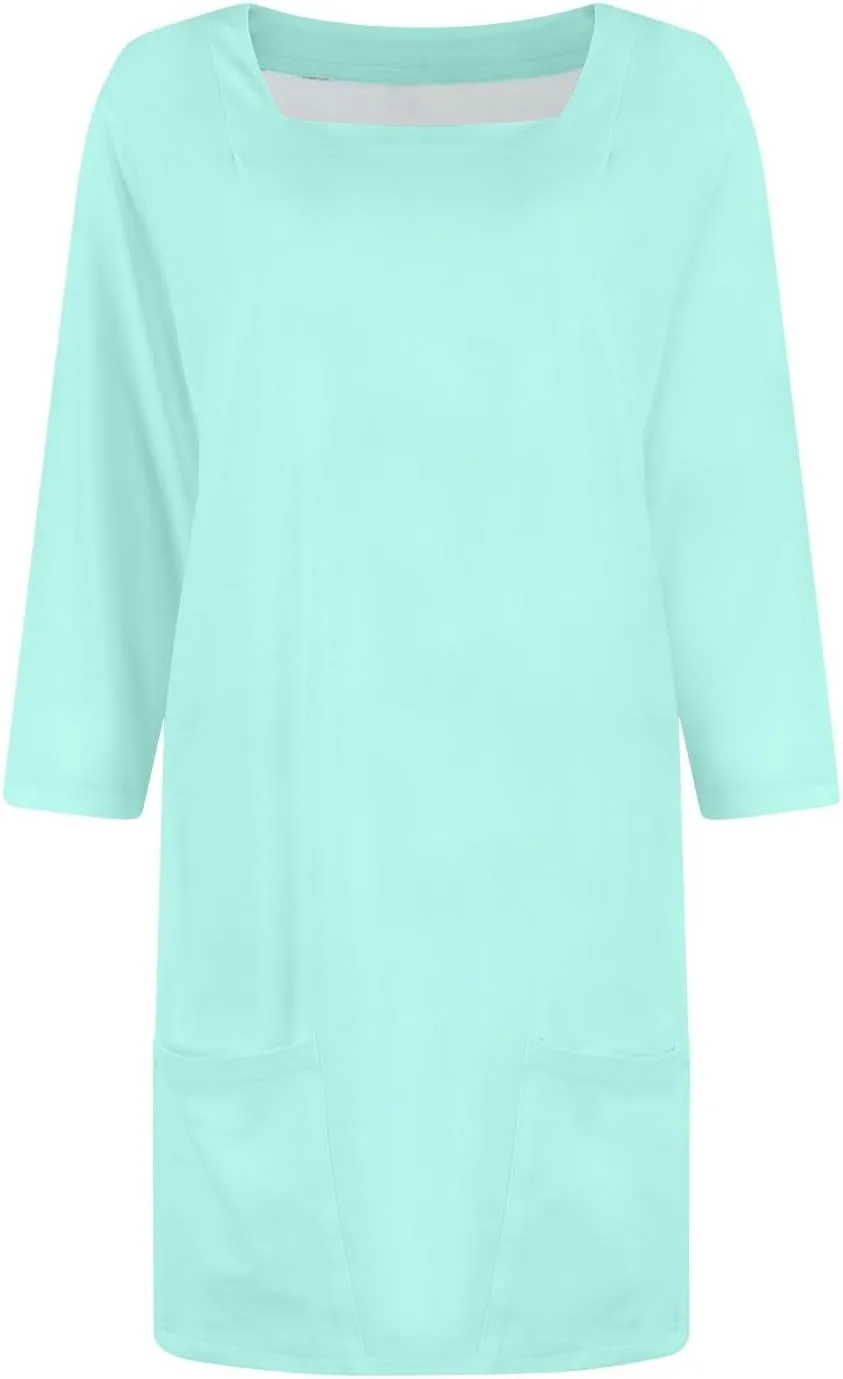 Women's Summer Casual Loose Trendy Dress Square Neck 3/4 Sleeve Solid Color Patchwork Midi Dresses, S-3XL