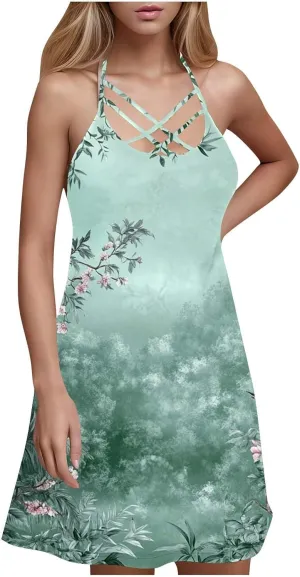 Womens Summer Sun Dress Halterneck Hollow Out Sleeveless Dress Floral Print Beach Boho Short Mini Sundresses