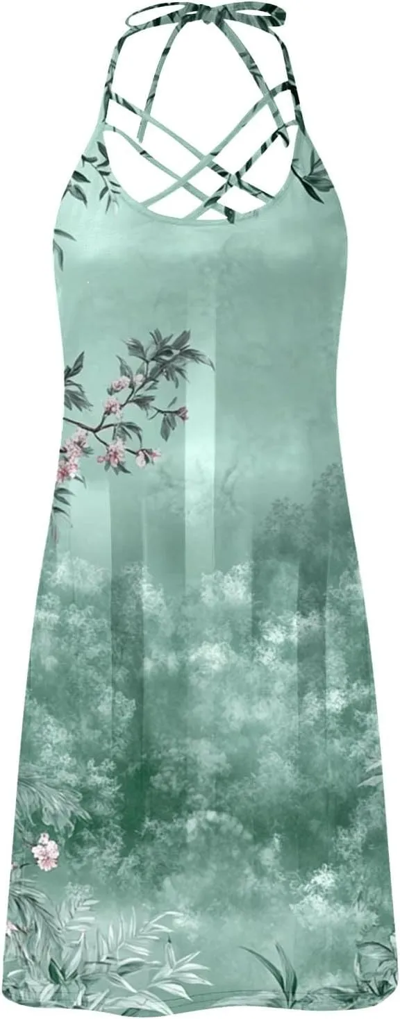 Womens Summer Sun Dress Halterneck Hollow Out Sleeveless Dress Floral Print Beach Boho Short Mini Sundresses