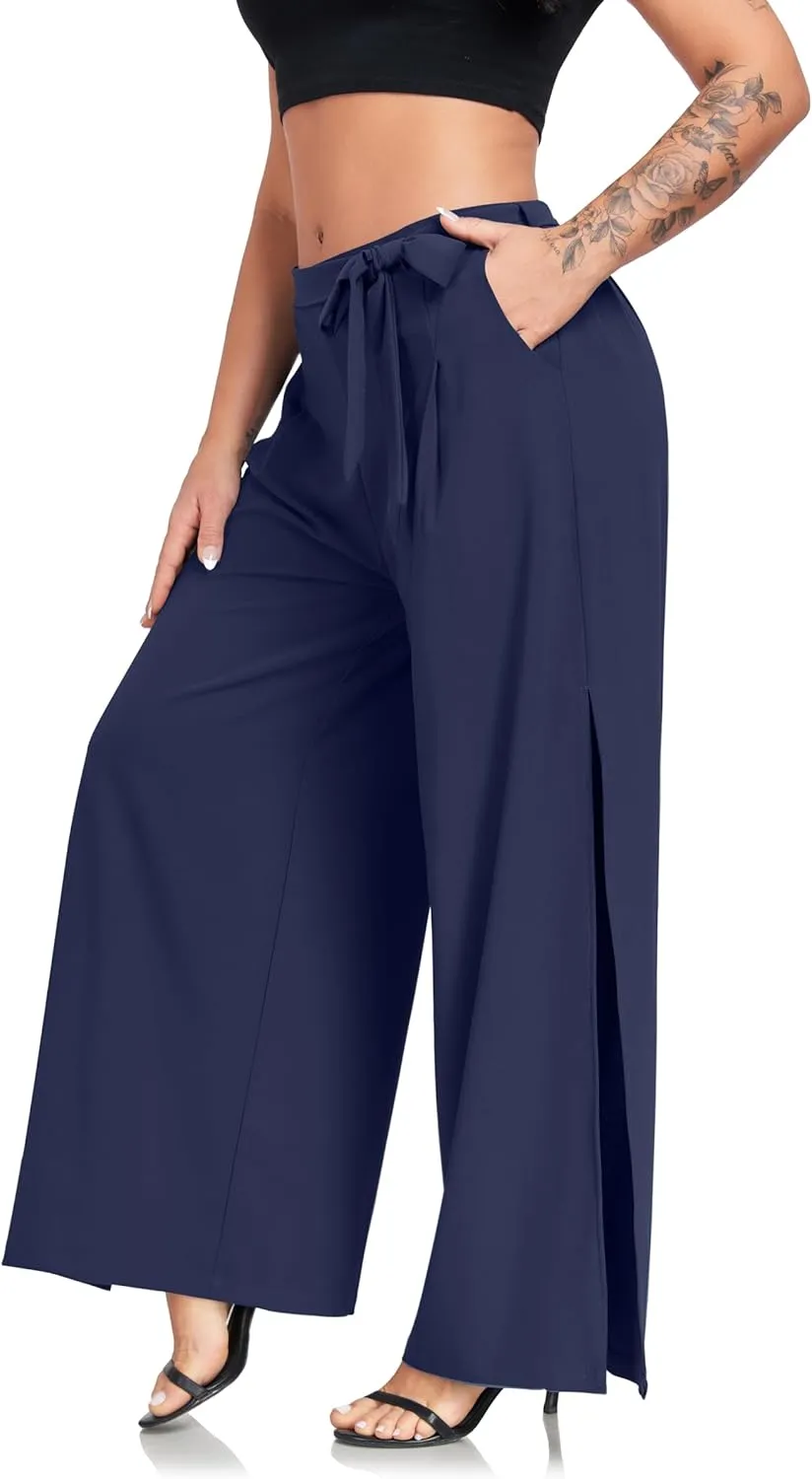 Women's Wide Leg Pants High Waist Tie Knot Front with Pockets Flowy Casual Palazzo Trousers