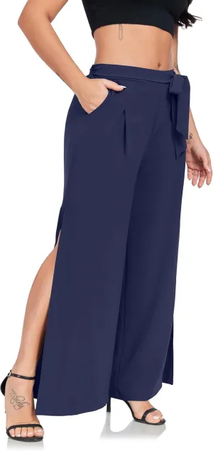 Women's Wide Leg Pants High Waist Tie Knot Front with Pockets Flowy Casual Palazzo Trousers