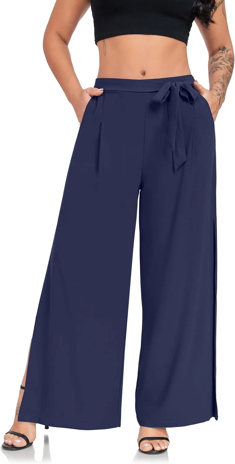 Women's Wide Leg Pants High Waist Tie Knot Front with Pockets Flowy Casual Palazzo Trousers