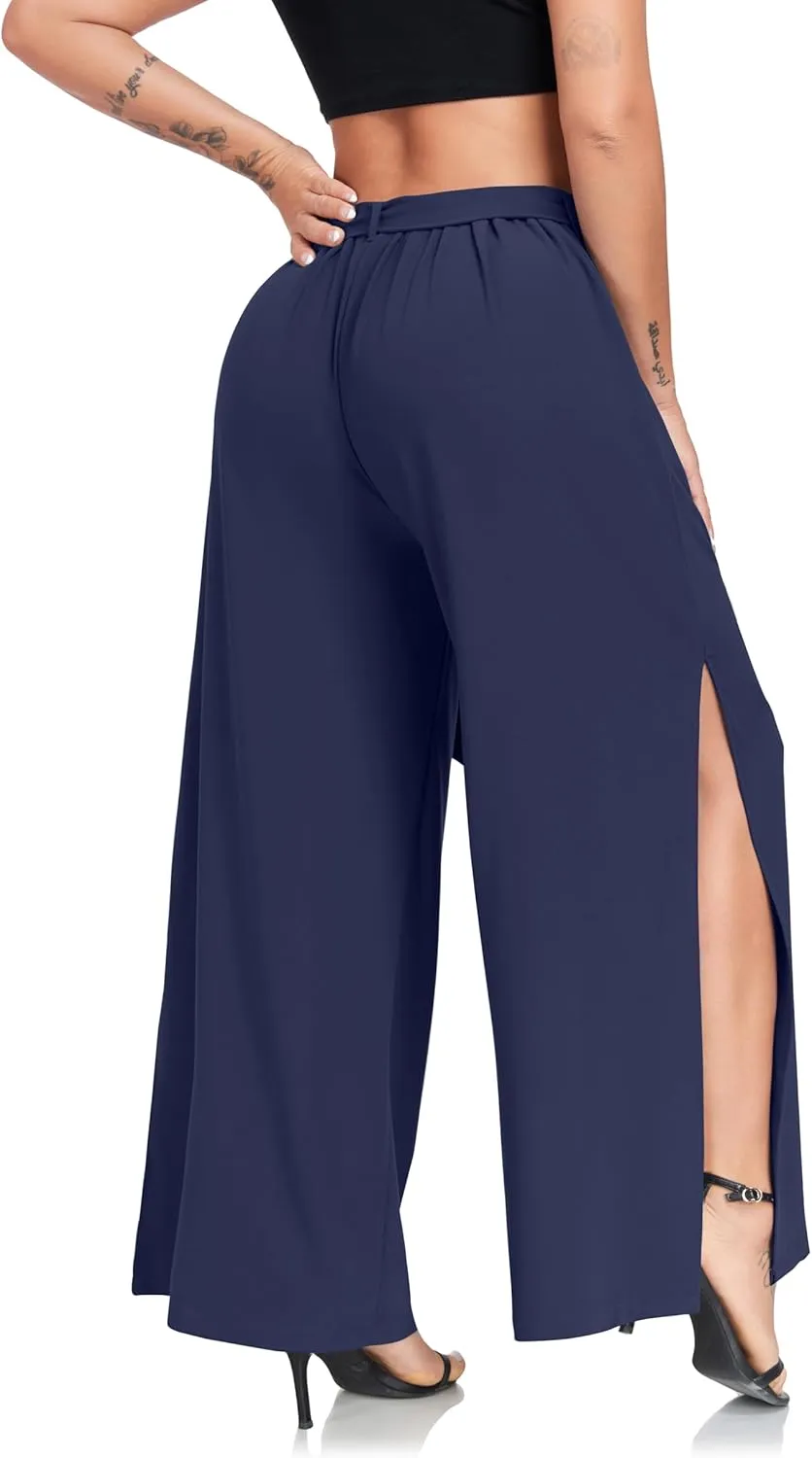 Women's Wide Leg Pants High Waist Tie Knot Front with Pockets Flowy Casual Palazzo Trousers