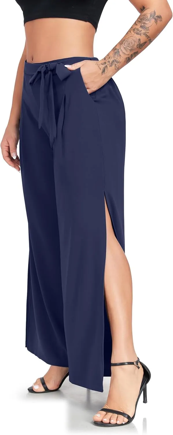 Women's Wide Leg Pants High Waist Tie Knot Front with Pockets Flowy Casual Palazzo Trousers