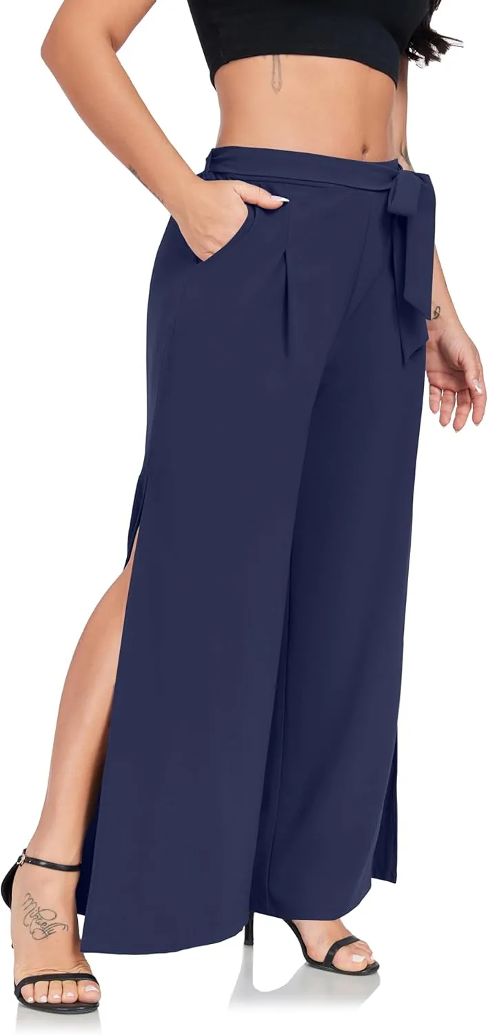 Women's Wide Leg Pants High Waist Tie Knot Front with Pockets Flowy Casual Palazzo Trousers