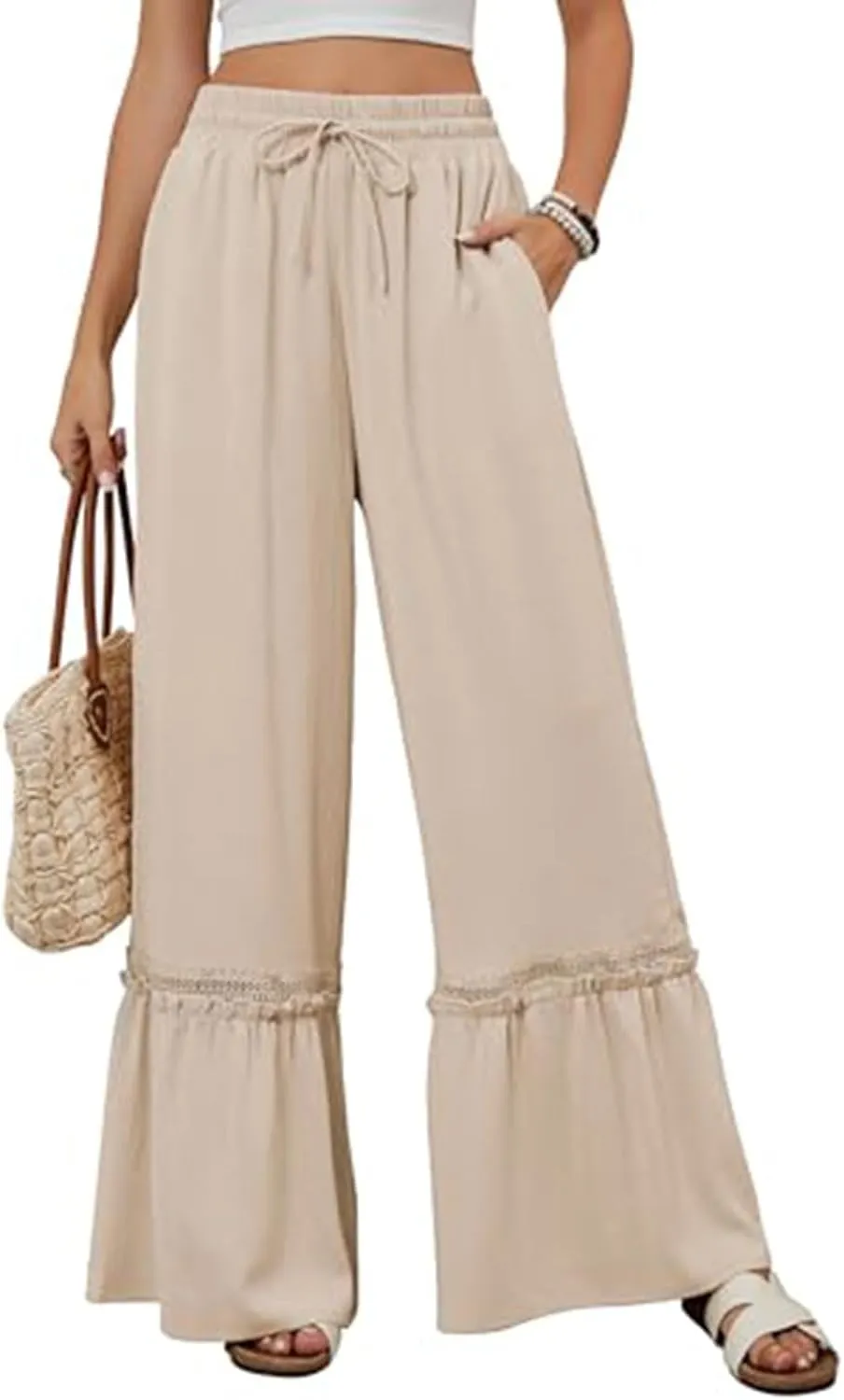 Womens Wide Leg Pants Solid Pleated Drawstring Elastic High Waist Pant Summer Casual Trousers with Pockets