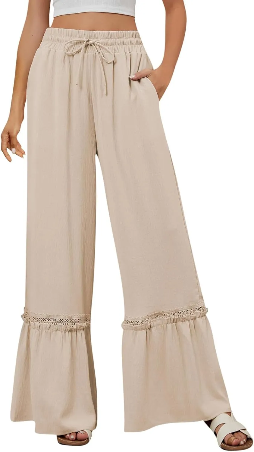 Womens Wide Leg Pants Solid Pleated Drawstring Elastic High Waist Pant Summer Casual Trousers with Pockets