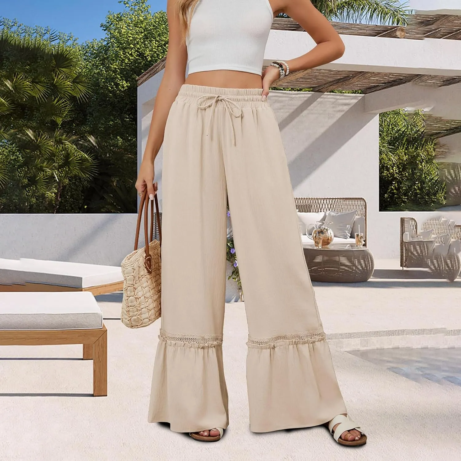 Womens Wide Leg Pants Solid Pleated Drawstring Elastic High Waist Pant Summer Casual Trousers with Pockets