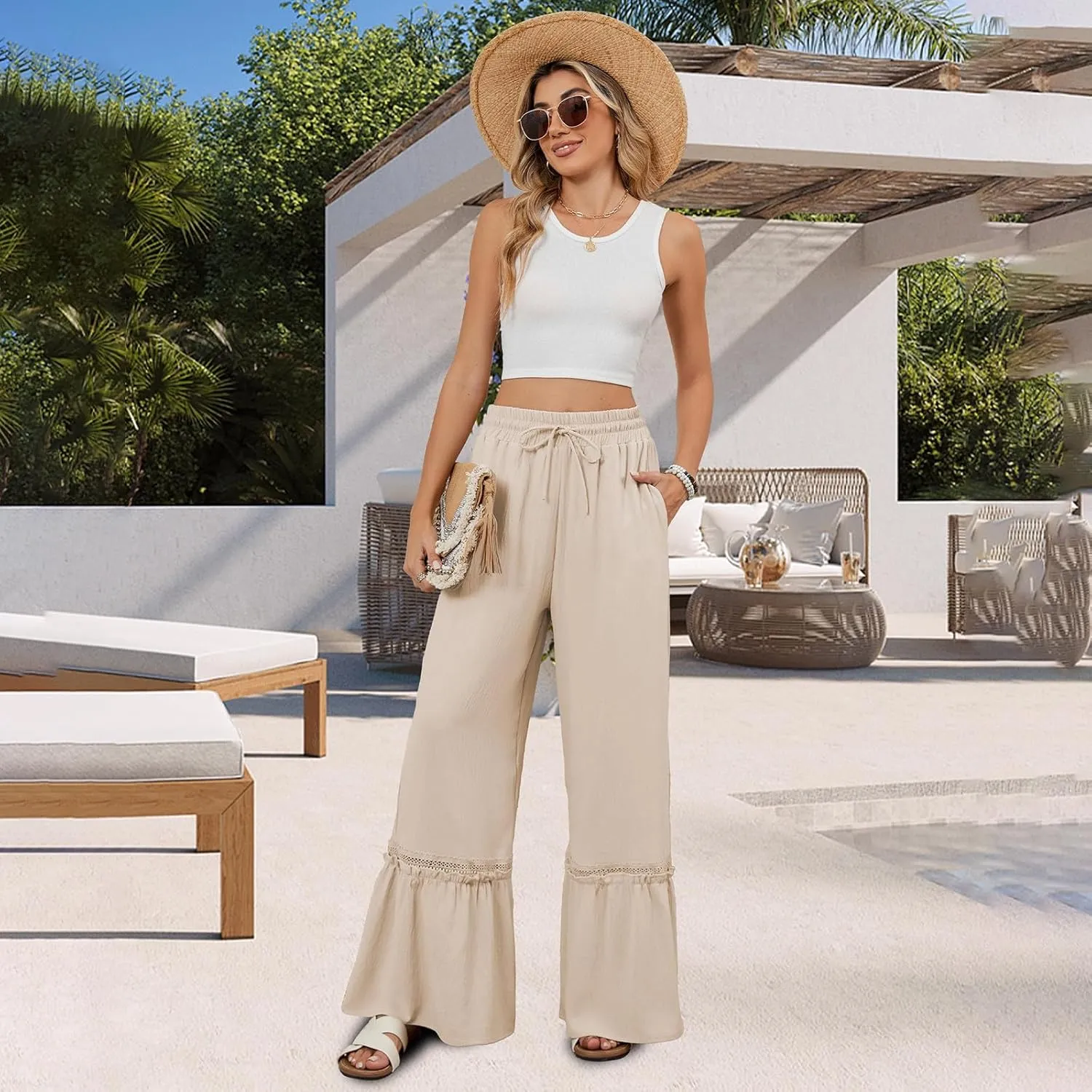 Womens Wide Leg Pants Solid Pleated Drawstring Elastic High Waist Pant Summer Casual Trousers with Pockets