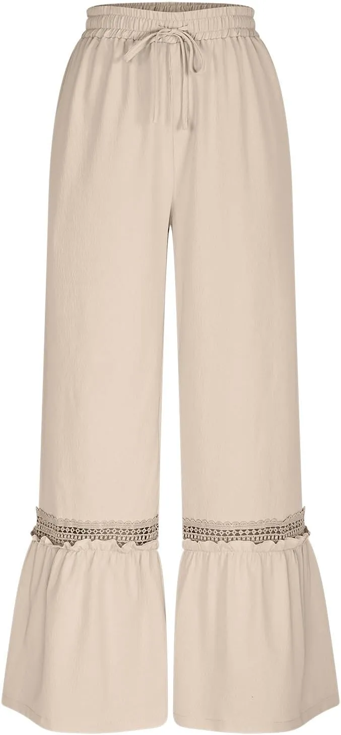 Womens Wide Leg Pants Solid Pleated Drawstring Elastic High Waist Pant Summer Casual Trousers with Pockets