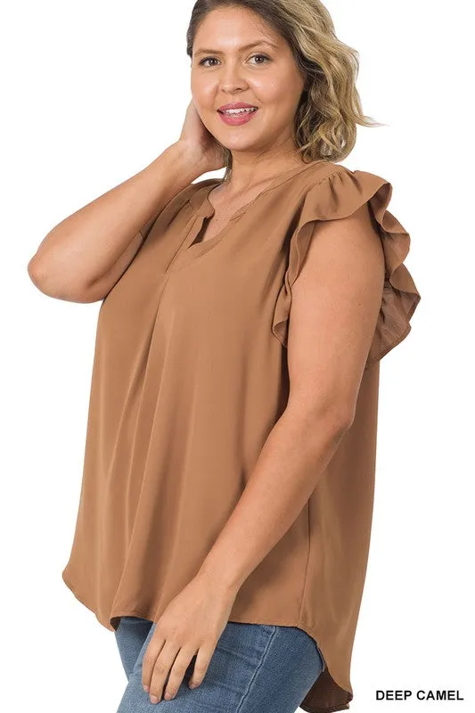 Zenanan Plus Size Woven Wool Peach Ruffled Sleeve Hi-Low Womens Top 4Colors