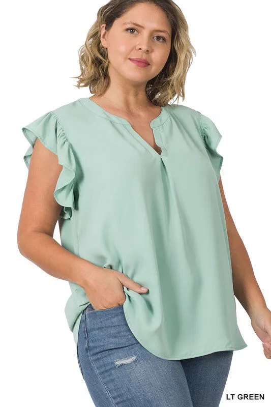 Zenanan Plus Size Woven Wool Peach Ruffled Sleeve Hi-Low Womens Top 4Colors