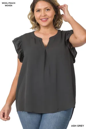 Zenanan Plus Size Woven Wool Peach Ruffled Sleeve Hi-Low Womens Top 4Colors
