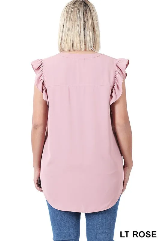 Zenanan Plus Size Woven Wool Peach Ruffled Sleeve Hi-Low Womens Top 4Colors