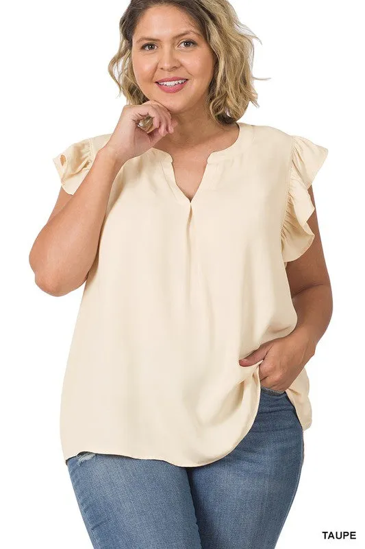Zenanan Plus Size Woven Wool Peach Ruffled Sleeve Hi-Low Womens Top 4Colors