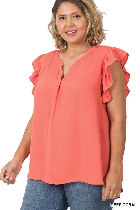 Zenanan Plus Size Woven Wool Peach Ruffled Sleeve Hi-Low Womens Top 4Colors