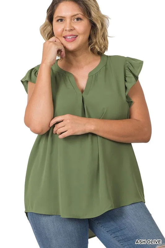 Zenanan Plus Size Woven Wool Peach Ruffled Sleeve Hi-Low Womens Top 4Colors